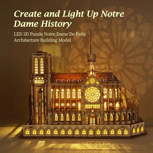 FUNPOLA LED 3D drewniane puzzle Notre Dame de Paris model, puzzle 3D dla dorosłych, architektura, model budynku, zestaw (Notre Dame de Paris)