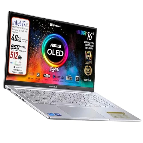 ASUS Notebook Vivobook OLED-display 2,8K 15,6 inch 2880 x 1620, Cpu iNTEL I7 1355u, 10 Core, RAM 40 GB, SSD 512 GB Nvme, Win11, Wi-Fi 6, webcam, Usb3.2, Hdmi, Bt5.3, toetsenbord met