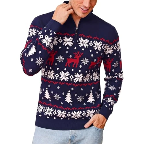 Offerta a tempo: Crewhpo Maglione Natalizio Uomo con Zip 1/4 Maglioni Natali in Inverno Caldo Felpa Natale a Maniche Lunghe Maglione a Maglia con Motivo Renna Motivo Natalizio Blu Navy M - 0% da 14.99 € a 14.99 €