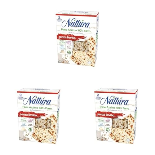 NATTURA Pane Azzimo di Farro, Pane Azzimo Senza Lievito e Senza Sale Aggiunto, 100% Farina di Farro, Fonte di Fibre, 63 Kcal per Sfoglia, Prodotto Vegano, 220 g (Confezione da 3)