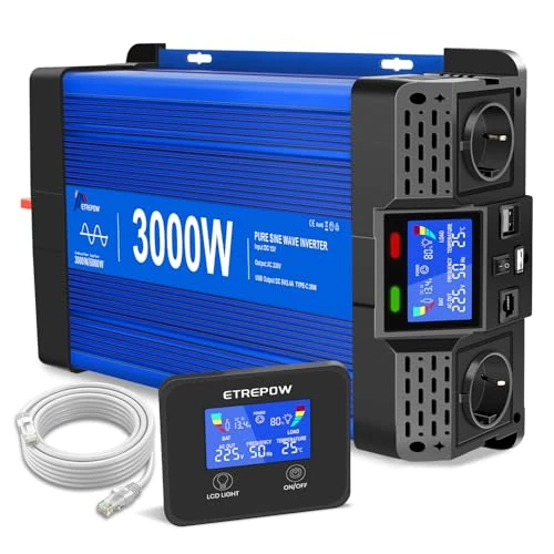 Offerta a tempo: ETREPOW Inverter 3000W/6000W 12V 220V Onda Sinusoidale Pura Trasformatore Con telecomando, 2 Prese EU, 2 Porte USB,Type-C, Adatto per Elettrodomestici, Camper e Campeggio - 5% da 369.99 € a 351.49 €