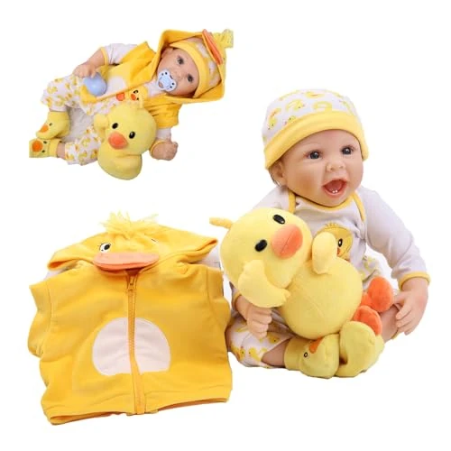 RUNGQIANY Muñeca Reborn Realista 22 Pulgadas 55cm Amarilla con Diseño de Patito, Incluye Accesorios para Niños y Niñas