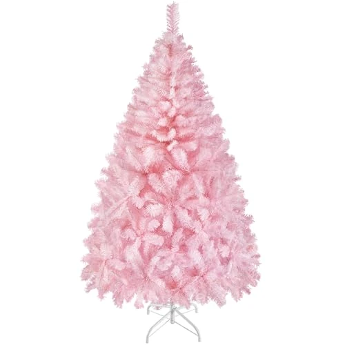 Yaheetech Árbol de Navidad Artificial frondoso de 154 cm, Efecto Realista, con Soporte de Metal, Plegable, portátil, decoración navideña para casa, Tienda, Color Rosa