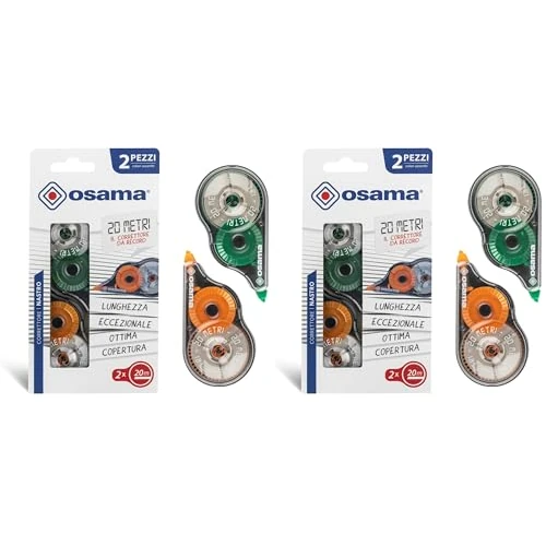 Osama - Correcteur Blanc à Ruban, 20M, Kit 2 Pièces, Idéal pour Papeterie, Accessoire Bureau et Fourniture Scolaire, Effaceur pour Écrire sans Erreur avec Couverture Optimale, Longue Durée, Rouge/Bleu