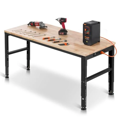 Offerta a tempo: VEVOR Banco da Lavoro Regolabile Tavolo da Lavoro Dimensioni Piano 1549 x 508 mm Altezza Regolabile 688-910 mm Carico max. 900kg, Tavolo con Prese di Corrente Piano in Legno per Ufficio, Casa, Garage - 11% da 202.90 € a 179.90 €