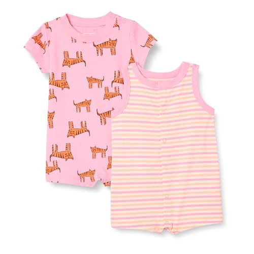 Amazon Essentials Conjunto de Peleles sin Mangas y de Manga Corta Unisex Bebés, Pack de 2, Rayas/Rosa Tigre, 24 meses