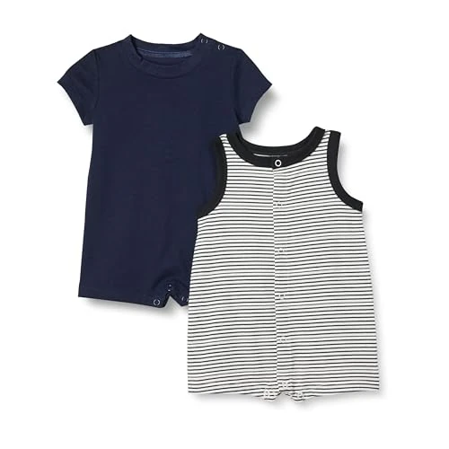 Amazon Essentials Pagliaccetto unisex per bambini, senza maniche e maniche corte, confezione da 2, blu/strisce, 0-3 mesi