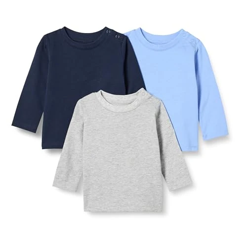 Limited-time offer: Amazon Essentials Unisex Babies' Relaxed-Fit 100% Cotton Long-Sleeved T-Shirts, Pack of 3, Blue/Heather/Navy, 3-6 Months from 11.70 £ to 11.40 £ (save 3%)
