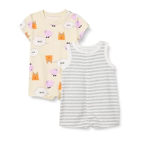 Zeitlich begrenztes Angebot: Amazon Essentials Unisex Baby Ärmelloses Und Kurzärmliges Strampler-Set, 2er-Pack, Beige Hunde/Heide Streifen, 0-3 Monate von 19.10 € auf 19.10 € (0.00% Rabatt)