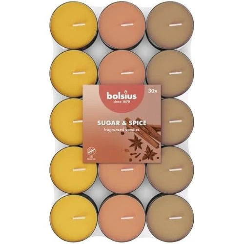 Oferta ograniczona: Bolsius – 30 zapachowych podgrzewaczy – Cukier i przyprawy – Czas palenia: 3,5 godziny – Średnica 38 mm – Naturalne ekstrakty – Zawiera wosk wegański – Bez oleju palmowego z 28.66 EUR na 28.66 EUR (znizka 0%)