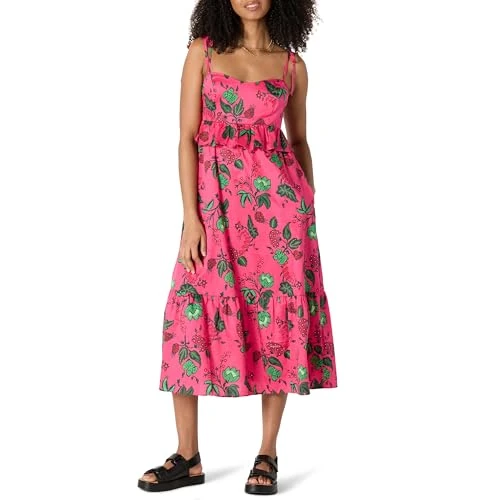 Offerta a tempo: Amazon Essentials Maxi Abito a Balze in Raso di Cotone con Scollo a Cuore, Vita Impero, Taglio Svasato Donna, Rosa Shocking Rosso Leafy Floral, XS - 5% da 21.78 € a 20.69 €