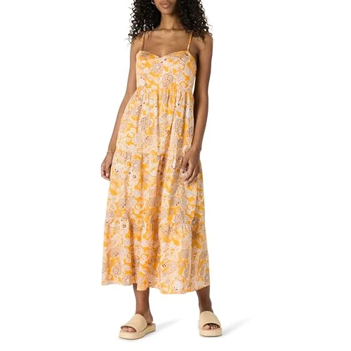 Oferta limitada: Amazon Essentials Vestido Largo Escalonado de Satén de Algodón con Corte Evasé, Cintura Imperio y Escote Corazón Mujer, Amarillo Dorado Beige Multi Folk Floral, XS de 23.01 € a 21.86 € (ahorro 5%)