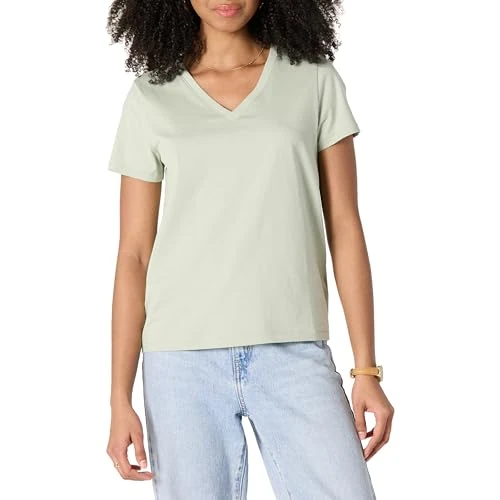 Amazon Essentials Damen Kurzarm-T-Shirt mit V-Ausschnitt, Regular Fit aus 100 % Baumwolle, Salbeigrün, S