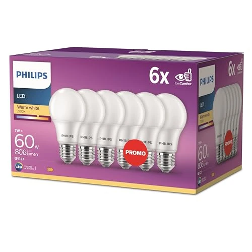 Philips Lot de 6 ampoules LED Classic E27 (60 W) mates avec lumière blanche chaude - Ampoules à économie d'énergie avec longue durée de vie - Nouvelle génération