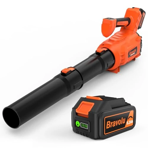 Offerta a tempo: Soffiatore a Batteria, Bravolu Soffiatore Foglie Elettrico, con Batteria da 5200 mAh e Caricabatteria, Velocità Aria Max 305 km/h, 5 Velocità Regolabili e Modalità Turbo - 40% da 119.99 € a 72.19 €