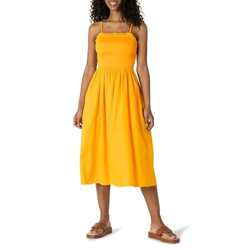 Offre limitée : Amazon Essentials Robe à Corsage Smocké en Satin de Coton, Coupe Classique Femme, Jaune Doré, XS de 30.77 € à 30.77 € (0.00% de remise)