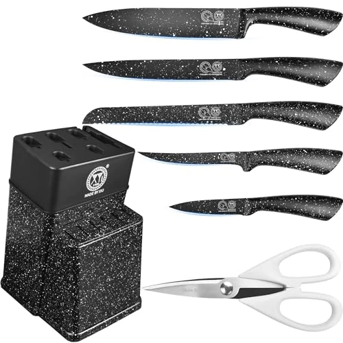 XYJ Knife Block Set, Stainless Steel Black Knives Set With Knife Holder Stand, Professional Chef Knife Kit for Home Kitchen, Meat Cleaver Vegetable Slicing Cooking Knife Set