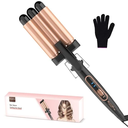BESTOPE Mix Curling Iron Waves Curling Iron 3 Compartments 22 mm Ceramic Waves Fast Heating 150°C / 210°C Curling Iron for Long and Short Hair