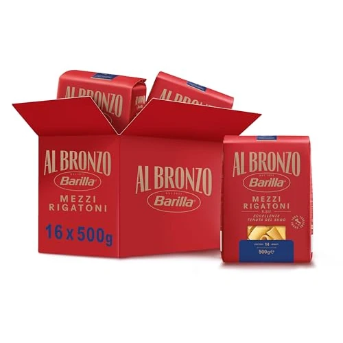 Barilla Mezzi Rigatoni - Pasta de bronce, 100% bronce italiano dibujado con trigo con bronce crudo, formato grueso y completo, alta resistencia a la salsa y al hervir, 16 paquetes de 500 g