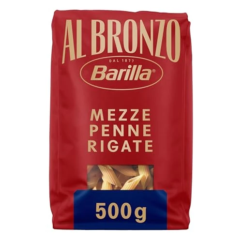 Barilla Pasta de bronce Half Penne Rigate 100% trigo italiano, pasta dibujada en bronce con procesamiento de bronce crudo, formato grueso y de cuerpo completo, alta resistencia de salsa y cocción, 500