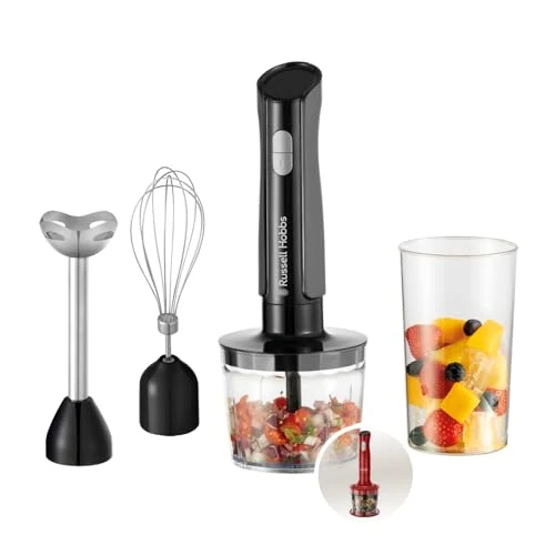 Russell Hobbs Hand Blender [3-in-1 Hand Mixer] Electric Chopper (Food Processor with 3 Attachments for Baby Food, Smoothies, Soup, 2 Speeds + Pulse, Stainless Steel, BPA-Free) Matte Charcoal 2714
