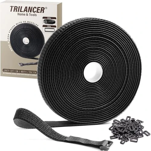 Trilancer Fascette Fermacavi Riutilizzabili 10m x 2cm con 50 Fibbie, Nero Cinghie e Nastro Adesivo a Strappo per Organizzare Cavi, Zaino, Tubi Flessibili, Nero