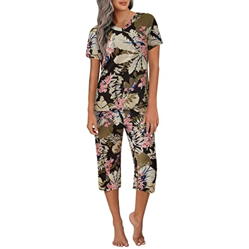 Ekouaer Ladies Cropped Pyjamas Women Pyjama Sets Cotton Pjs Set Short Sleeve Tops with Capri Pants Loungewear, Black-flowers, S
