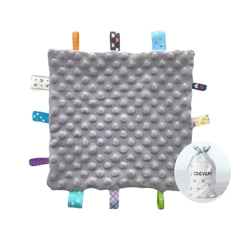 CREVENT Tag Koc zabezpieczający dla niemowląt, miękki, dla małych ukochanych, koc sensoryczny, świetny prezent na urodziny, baby shower, 25 x 25 cm, szary