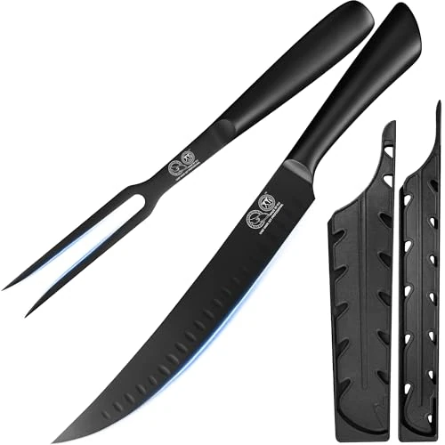 XYJ Authentic Since1986,Professional Carving Knife Set, 9.5 Inch Slicing Carving Knife and Meat Fork, Stainless Steel Kitchen Knife for Steak, Turkey, Ham, BBQ