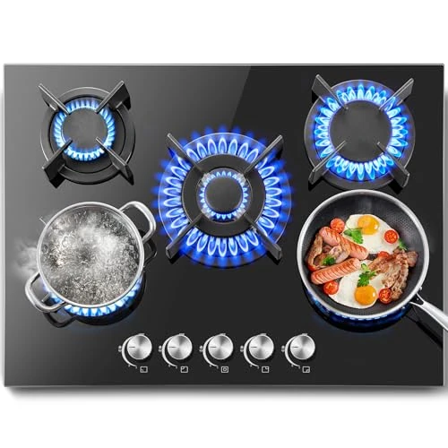 SNDOAS Gaskookplaat 5 pits, 70cm glaskeramisch gasfornuis met ontstekings zekering, geschikt voor aardgas of propaangas, inbouw of vrijstaand, 10400 W, 220-240 V