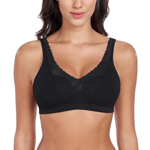 Curyon Sujetador clásico de algodón para mujer, sin aros, pechos grandes, sujeción fuerte, tallas grandes [Copa B-F], 4 ganchos y ojal, sin acolchado, suave elasticidad, sujetador sin aros para