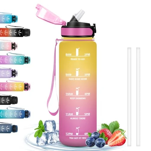 Butelka na wodę o pojemności 1 l, butelka na siłownię ze słomką, motywacyjna butelka na wodę ze skalą czasową, sportowa butelka na wodę bez wycieków, łatwa do przenoszenia, do fitnessu, wędrówek,