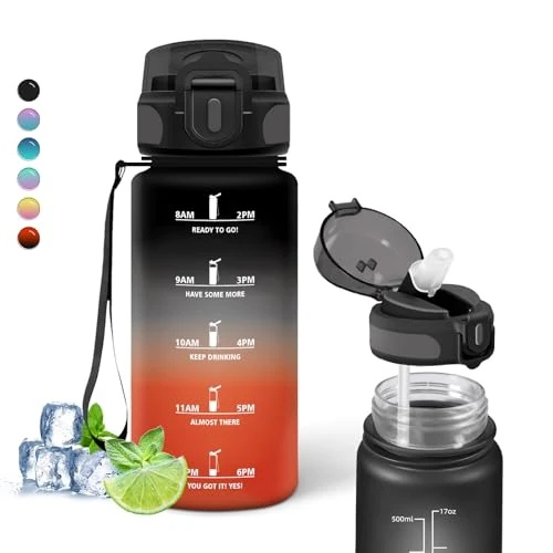 Borraccia Bambini, Borraccia 0,5 Litri, Bottiglie con Cannuccia Senza Perdite, Borraccie Motivazionale con Scala Temporale, Facile da Pulire, Borracce con Orari per Bere, per Scuole, Corsa, Viaggio