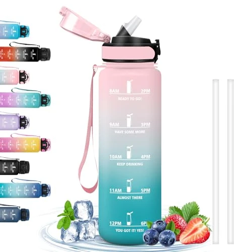 Limited offer: Grsta Water Bottle, 1L with Straw, Leak-Proof Sports Bottle, Reusable Bottle with Motivational Slogan - Drinking More - Easy to Carry for Fitness, Cycling, Outdoor, Yoga, Pink - Cyan from 44.00 EUR to 44.00 EUR (save 0%)
