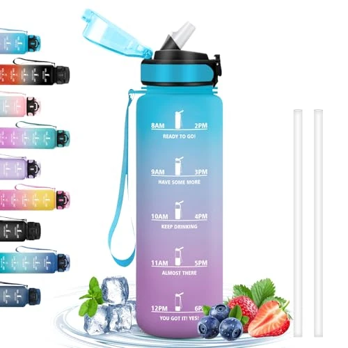 Grsta Drinking Bottle, 1 Litre with Straw, Water Bottle with Time Marking, Easy to Clean, Gym Drinking Bottle, Leak-Proof, Sports Drinking Bottle for Fitness, Yoga, Camping, Hiking, Blue/Purple