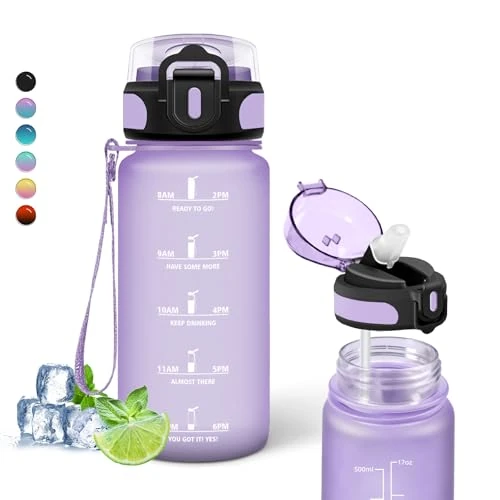 Children's Water Bottle, 0.5 Litre Drinking Bottle, Bottle with Straw, Can Be Carried, Water Bottle with Time Marking, Leak-Proof, Water Bottle for School, Travel, Camping, Office, Running, Purple