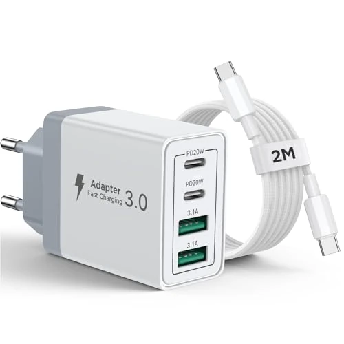 Caricatore USB C Rapido Caricabatterie 40W 4Porto Presa Caricatore USB Multiplo Carica Cellulare Spina Adattatore Alimentatore con 2M Cavo USB C per iPhone 16 15 14 13 12 Pro Max Plus Samsung S24 S23