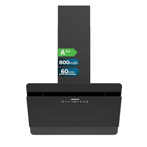 Cecotec Okap kuchenny dekoracyjny 60 cm - Bolero Flux DT 608000 Glass Black A++. Silnik 210 W, niskie zużycie energii, siła ssania 800 m³/h, sterowanie dotykowe, 3 stopnie + wzmacniacz, sterowanie