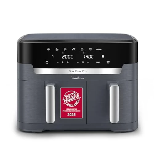 Moulinex EZ942BF0 Friteuse à air Dual Easy Fry XXL, Cuisson synchronisée, Capacité de 11L,6 à 10 personnes Deep Fryers (57877031), Refer to The Sheet, Java Pepper Grey
