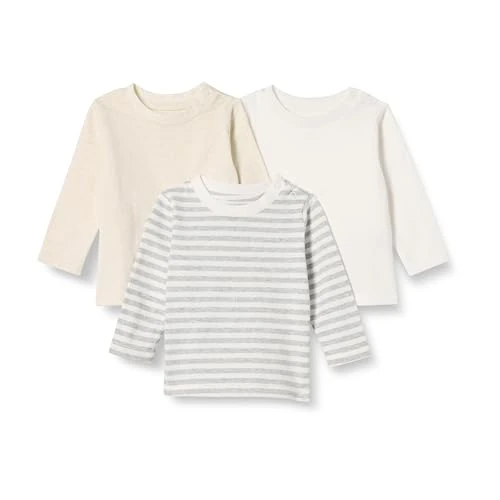 Amazon Essentials Unisex Kids' Relaxed-Fit 100% Cotton Long-Sleeved T-Shirts, Pack of 3, Oatmeal Heather/Stripes, 5 Years