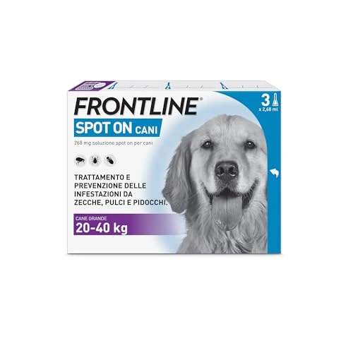 FRONTLINE Spot On, 3 pipettes, chien taille L, 20-40 kg, antiparasitaire pour chiens et chiots de longue durée, protège contre les tiques, les puces et les poux, anti-puces en lot de 3 pipettes