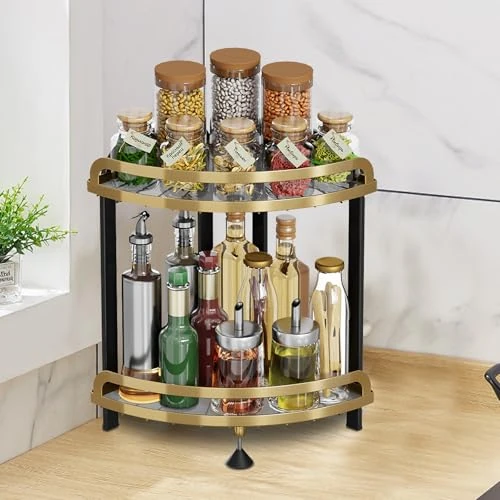 Gemsaya Kruidenrek van roestvrij staal, 2 etages, goudkleurig keukenrek, staand rek, extra groot werkblad, opbergrek, driehoekig wandkruidenrek, hoekrek, organizer voor keuken en badkamer