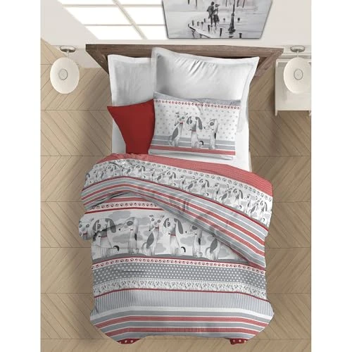 Offerta a tempo: PENSIERI DELICATI Parure Copripiumino Singolo 100% Cotone, Completo di Sacco 155x200cm e 1 Federa 52x82cm, Made in Italy, Copripiumino Lavabile In Lavatrice A 40°, Fantasia Baubau Rosso - 46% da 39.99 € a 21.60 €