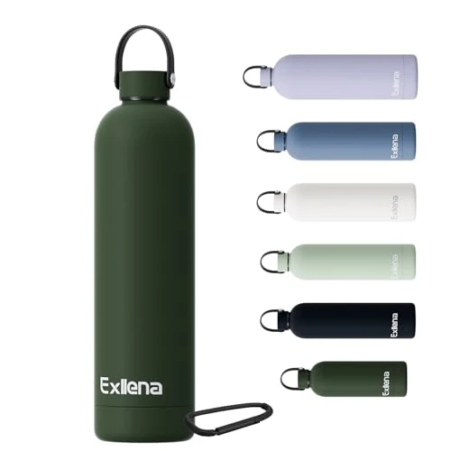 Exllena 1l Water Bottles Metal with Handle Lid and Carabiner, Double Wall Vacuum Drinks Bottle Keeps Drinks Cold 24 Hrs/Hot 12 Hrs, Stainless Steel Water Bottle BPA Free(Pine Green)