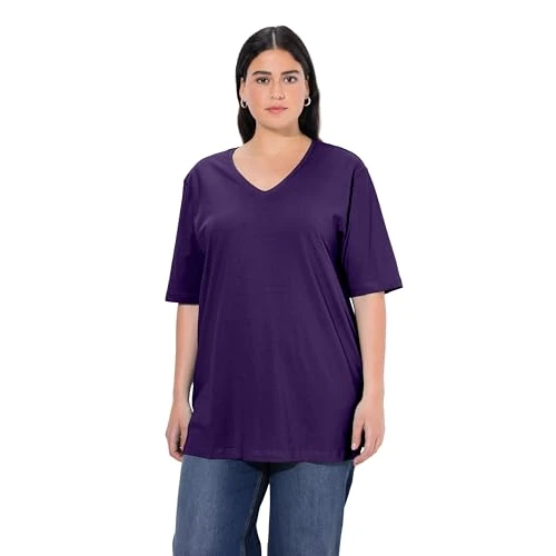 Ulla Popken T-Shirt pour Femme, col en V, décontracté, Manches mi-Longues, Violet Profond, 50-52
