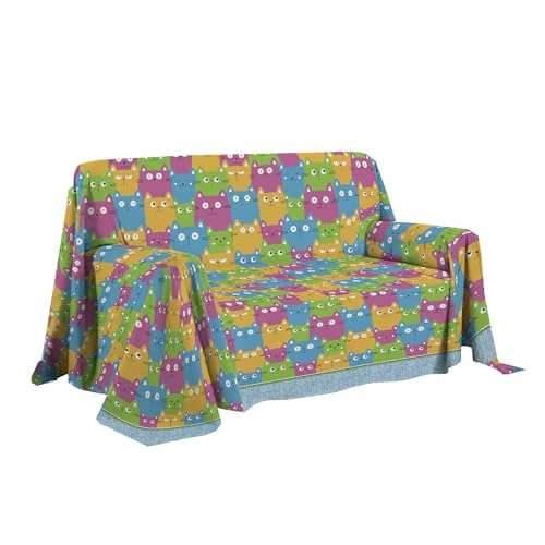 Limited offer: PENSIERI DELICATI Sofa Cover, 250 x 290 cm, Made in Italy, 100% Pure Cotton, Happycat Pattern, Multicoloured, Ideal as a Furniture, Sofa or Summer Bedspread (Double Bed) from 30.29 EUR to 30.29 EUR (save 0%)