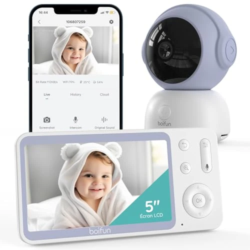 BOIFUN Baby Monitor Video, Display da 2K 5'' & 360° PTZ Telecamera, App Mobile & Monitor LCD, 3000mAh Batteria, Temperatura, Umidità, Movimento, Rilevamento del Pianto, Promemoria per La Nutrizione