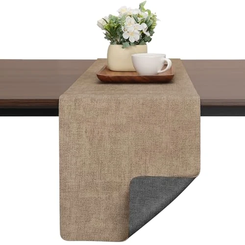 Chitomars Moderne tafelloper van kunstleer, dubbelzijdig antislip, hittebestendig, afwasbaar, outdoor tafelloper voor bruiloft, verjaardag, feest, tafeldecoratie (grijs-beige, 30 x 140 cm)