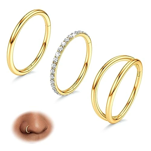 Offerta a tempo: BodyBonita 3 Pezzi Piercing Naso Cerchio - Acciaio Chirurgico 316L 18G CZ Nostril Piercing Septum Daith Trago Helix Orecchino Cartilagine Elice Setto Rook Conch Piercing Naso Anello Oro 8mm - 81% da 21.49 € a 3.99 €
