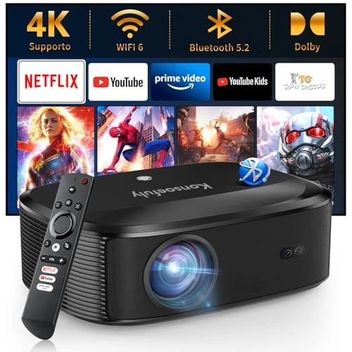Projektor 4K z Wifi i Bluetooth - projektor Konsoefuly ze zintegrowanym NETFLIX/Prime Video/YouTube, obsługuje ponad 100 000 aplikacji, projektor z kompatybilnością HDMI/USB/iOS/Android/Windows